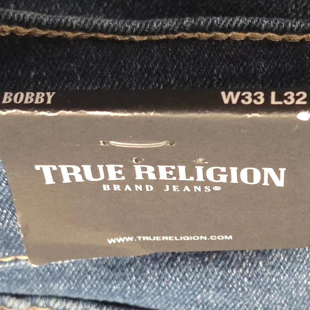 True Religion Bobby Relaxed Baggy Jeans Mens 33x32 Blue Applique Medium Wash NEW